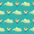 Cute Birds Under Rain Clouds Vector Seamless Pattern Royalty Free Stock Photo