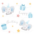 Cute birthday boy blue elephant watercolor pattern seamless background