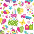 Cute birthday cake, hearts, flowers, toys and animals pattern