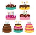 Cute Birthday Cake Icon Collection Set with Candles. Design Element for Party Invitation, Congratulation. Vector Royalty Free Stock Photo