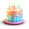 A cute Birthday cake with pastel colored cream and candles, clipart on white background, generative AI