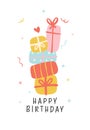 Cute Birthday card banner with colorful stacked of gift boxes minimal. Kawaii greeting card cartoon hand drawing flat design