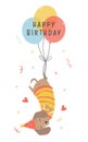 Cute Birthday card with Dachshund Dogs wear party hat, hanging from balloons. Kawaii greeting card cartoon hand drawing flat Royalty Free Stock Photo