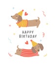 Cute Birthday card with Dachshund Dogs wear party hat. Kawaii greeting card cartoon hand drawing flat design graphic illustration Royalty Free Stock Photo
