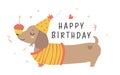 Cute Birthday card with Dachshund sausage Dog. Kawaii greeting card cartoon hand drawing flat design graphic illustration Royalty Free Stock Photo