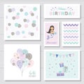 Cute birthday cards set for girls. With glitter elements. Mermaid and balloons cartoon characters. Polka dots seamless