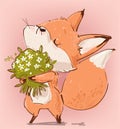 Cute Birthday cartoon fox with floral wreath