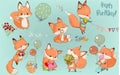 Cute Birthday cartoon fox set with elements Royalty Free Stock Photo