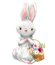 Cute birthday cartoon hare with floral basket