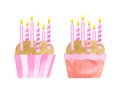 Cute Birthday cupcakes with six candles. Hand painted watercolor biscuit cakes in pink baking cups. Party dessert