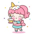 Cute birthday girl vector holding sweet cupcake with ice cream kawaii character go to party Girly doodle