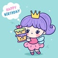 Cute birthday girl vector hug sweet cake kawaii character princess angel go to party Girly doodle