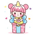 Cute birthday girl vector hug sweet cupcake sit on lovely gift kawaii character go to party Girly doodle