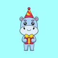 cute birthday hippo cartoon mascot doodle art hand drawn concept vector kawaii icon illustration