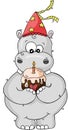 Cute birthday hippo holding a cake with candle