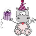 Cute birthday hippo holding a little gift
