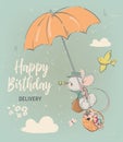 Cute birthday mouse with flowers