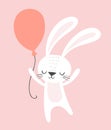 Cute birthday rabbit with a party balloon. Funny cartoon bunny vector illustration for birthday cards, invitations Royalty Free Stock Photo