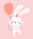 Cute birthday rabbit with a party hat and a balloon. Funny cartoon bunny vector illustration for birthday cards Royalty Free Stock Photo