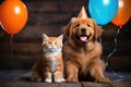 Cute birthday red dog in party hat with kitten cat sitting on wooden background with balloons.