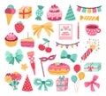 Cute birthday sticker. Party cake, greeting anniversary cupcake. Celebration garlands, doodle elements for cards planner