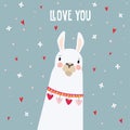 Cute birthday or Valentines day greeting card, invitation. Hand drawn white llama animal with falling flowers and hearts