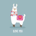 Cute birthday or Valentines day greeting card, invitation. Hand drawn white llama animal with llove you text. Vector