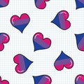 Cute bisexual heart cartoon seamless vector pattern. Hand drawn isolated pride flag for LGBTQ blog. Gay love on stripe