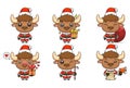 cute bison set, animal character bundles in santa costumes, animals wearing christmas costumes. cartoon in kawaii style