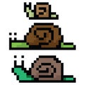 Cute 8 bit three green snails vector illustration. Garden mollusk pixel art. Retro game garden bug sprite.