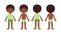 Cute Black Boy with Afro Hairstyle Stands. Front Rear View. Child is Wearing Clothes, a T-shirt, Shorts, Shoes and Underwear. Royalty Free Stock Photo