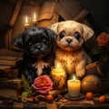 cute black and brown puppies in wooden house with flowers and candle generative AI Royalty Free Stock Photo