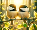 Cute Black-capped Chickadees Springtime Morning Sunrise Tree Branch Small Birds AI Generated