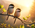 Cute Black-capped Chickadees Springtime Morning Sunrise Tree Branch Small Birds AI Generated