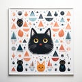 Cute Black Cat With Abstract Geometric Pattern On The White Background.