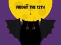 Cute black cat with bat wings on the night background with the Moon and text with spider and bat. Friday the 13t