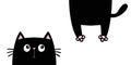 Cute black cat. Funny face head silhouette looking up. Kawaii animal. Hanging fat body with paw print, tail. Cartoon baby