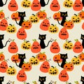 Cute black cat and Halloween pumpkin seamless pattern. Royalty Free Stock Photo