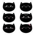 Cute black cat head face set. Funny cartoon kawaii characters. Emotion collection. Happy, surprised, sad, angry cats. Notebook Royalty Free Stock Photo