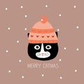 Cute black cat head and snowflakes hand drawn vector illustration. Funny animals winter character. `Merry catmas` card. Royalty Free Stock Photo