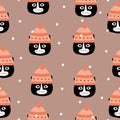 Cute black cat head and snowflakes hand drawn vector illustration. Winter character seamless pattern. Royalty Free Stock Photo