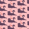 Cute black cat with hearts seamless pattern. Valentines Day, falling in love. Vector illustration in flat style Royalty Free Stock Photo