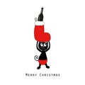 Cute black cat holding Christmas sock and champagne bottle. Happy new year and Merry Christmas