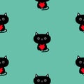 Cute black cat holding red heart. Pattern Seamless. Royalty Free Stock Photo