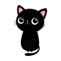 Cute black cat. Kitten sitting. Pink ears, nose. Cartoon funny character. Kawaii sad kitty baby animal. Love. Black silhouette