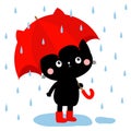 Cute black cat kitty kitten with red umbrella ears, boots. Cute cartoon kawaii baby character. Rain drops. Autumn icon for Royalty Free Stock Photo