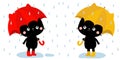 Cute black cat kitty kitten set with yellow red umbrella , boots. Rain drops. Cute cartoon kawaii baby character. Autumn icon for Royalty Free Stock Photo