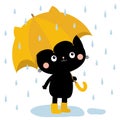 Cute black cat kitty kitten with yellow umbrella ears, boots. Rain drops. Cute cartoon kawaii baby character. Autumn icon for