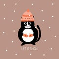 Cute black cat with mittens and a warm hat hand drawn vector illustration. `Let it snow` greeting card. Royalty Free Stock Photo