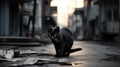 Cute Black Cat with Piercing Eyes in the City Darkness